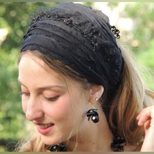 Lovely Royal Black Laces Handmade Mitpachat Head Covering-Scarf-Tichel Headband